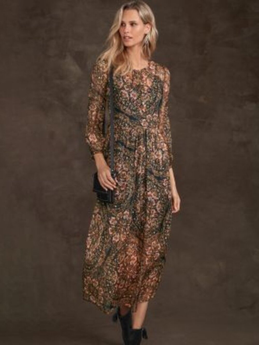 Jonny Was Jolene Floral Silk Chiffon Boho Sheer Maxi Dress w/Slip - LARGE - NWOT